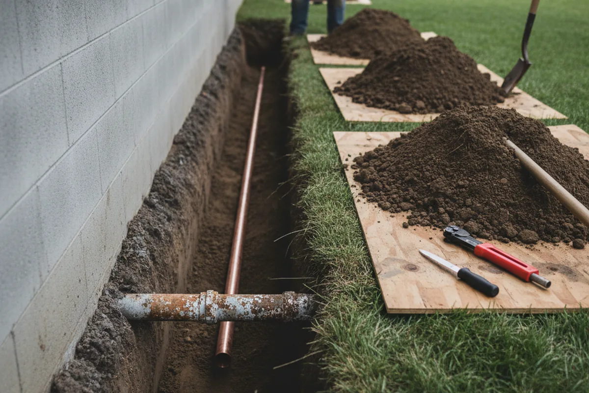 Excavated water line trench during Sewer Line Repair in Powersite